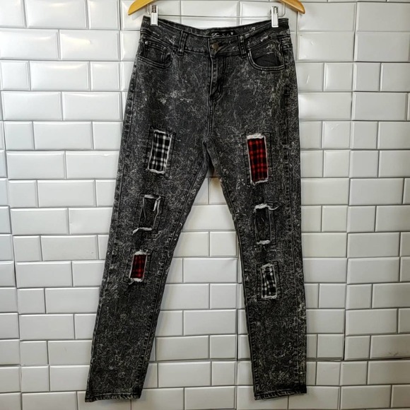 ROMA STUDIO | GINGHAM CHECKERED PATCHWORK BLACK WASHED DENIM JEANS SIZE MEDIUM - Picture 13 of 15